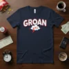 Navy t-shirt with "Groan Zzz" text and a sleeping cloud graphic, featuring bold white lettering and a red lightning bolt
