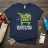Grocery Haul Shop Till You Drop text with a shopping cart graphic filled with colorful items, on a navy blue