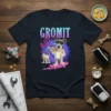Gromit 30 Years t-shirt design featuring Gromit on a skateboard with VR goggles, holding a mug and biscuit