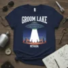 Groom Lake Nevada T-Shirt with a retro UFO alien abduction graphic and starry night sky