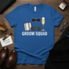 Groom Squad t-shirt design featuring a bow tie, sunglasses, flask, and champagne glass