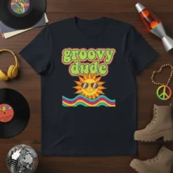 Groovy Dude t-shirt with a retro sun wearing sunglasses and colorful wavy lines below