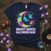 Groovy Ghosts Halloween Bash text with cartoon ghosts DJing and playing guitar on a crescent moon graphic