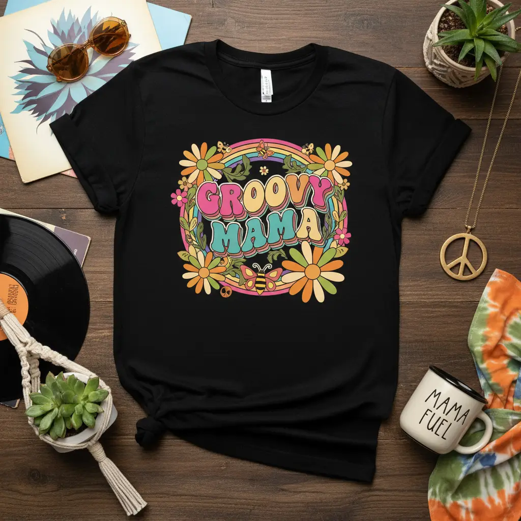 Groovy Mama Retro Floral Rainbow T-Shirt Gift