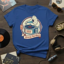 Groovy Sardines Soundco t-shirt featuring a vintage gramophone, record, and sardine can graphic with retro text