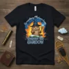 Groundhog Meteorology Respect the SHADOW t-shirt design featuring a wizard groundhog with a staff and crystal, surrounded by fire and