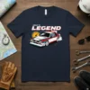 Group B LEGEND t-shirt featuring a vintage rally car and speedometer graphic, white and red design on navy blue fabric