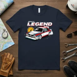 Group B LEGEND t-shirt featuring a vintage rally car and speedometer graphic, white and red design on navy blue fabric