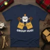 T-shirt design with the text "GROUP HUG!" featuring a happy marshmallow hugging graham crackers and chocolate squares