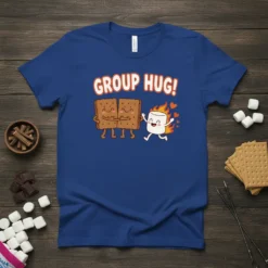 Group Hug! t-shirt featuring two graham crackers hugging and a marshmallow running towards them with flames and hearts