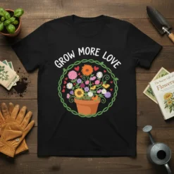 Black t-shirt with white text "Grow More Love" surrounding a potted flower arrangement