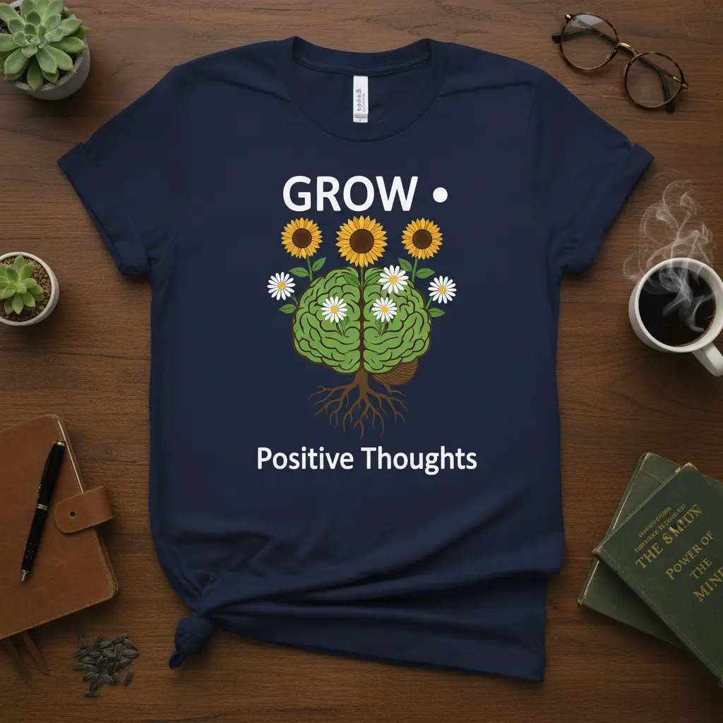 GROW Positive Thoughts bold typography printed on comfortable cotton fabric creating a standout t-shirt