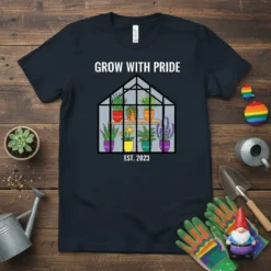 Grow With Pride Greenhouse bold graphic design printed on comfortable cotton t-shirt