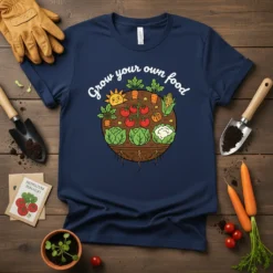 Grow your own food gardening t-shirt design with vegetables and a smiling sun