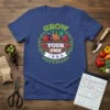 Grow Your Own Food t-shirt featuring colorful vegetables and green foliage design, perfect for gardeners and healthy eaters