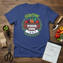 Grow Your Own Food t-shirt featuring colorful vegetables and green foliage design, perfect for gardeners and healthy eaters