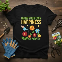 Grow Your Own Happiness quote with colorful flowers and watering can graphic on a black t-shirt