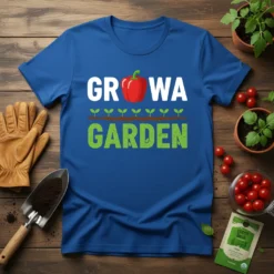 Grow A Garden t-shirt design with white text, a red bell pepper, and green sprouts in soil