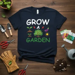 Grow A Garden t-shirt with cartoon plants, a fruit tree, and sun graphic