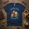 Growlers And More text with illustration of beer growler, can, and mug on navy t-shirt