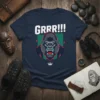 GRRR!!! text above a roaring gorilla head graphic with a crown below on a navy t-shirt
