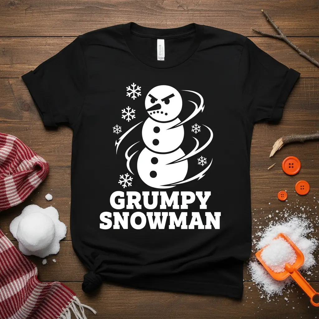 Grumpy Snowman funny Christmas t-shirt design with bold white text and snowflakes