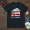 T-shirt with the German phrase "Grundbuch statt Sparbuch STATT SPARBUCH" and a graphic of a house, ideal for real estate