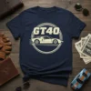 GT40 racing car graphic with vintage circular design and motion lines, classic automotive apparel
