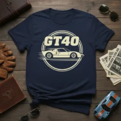 GT40 racing car graphic with vintage circular design and motion lines, classic automotive apparel