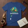 Guatemala Quetzal Bird T-Shirt design featuring a colorful Resplendent Quetzal bird and Mayan pyramid graphic
