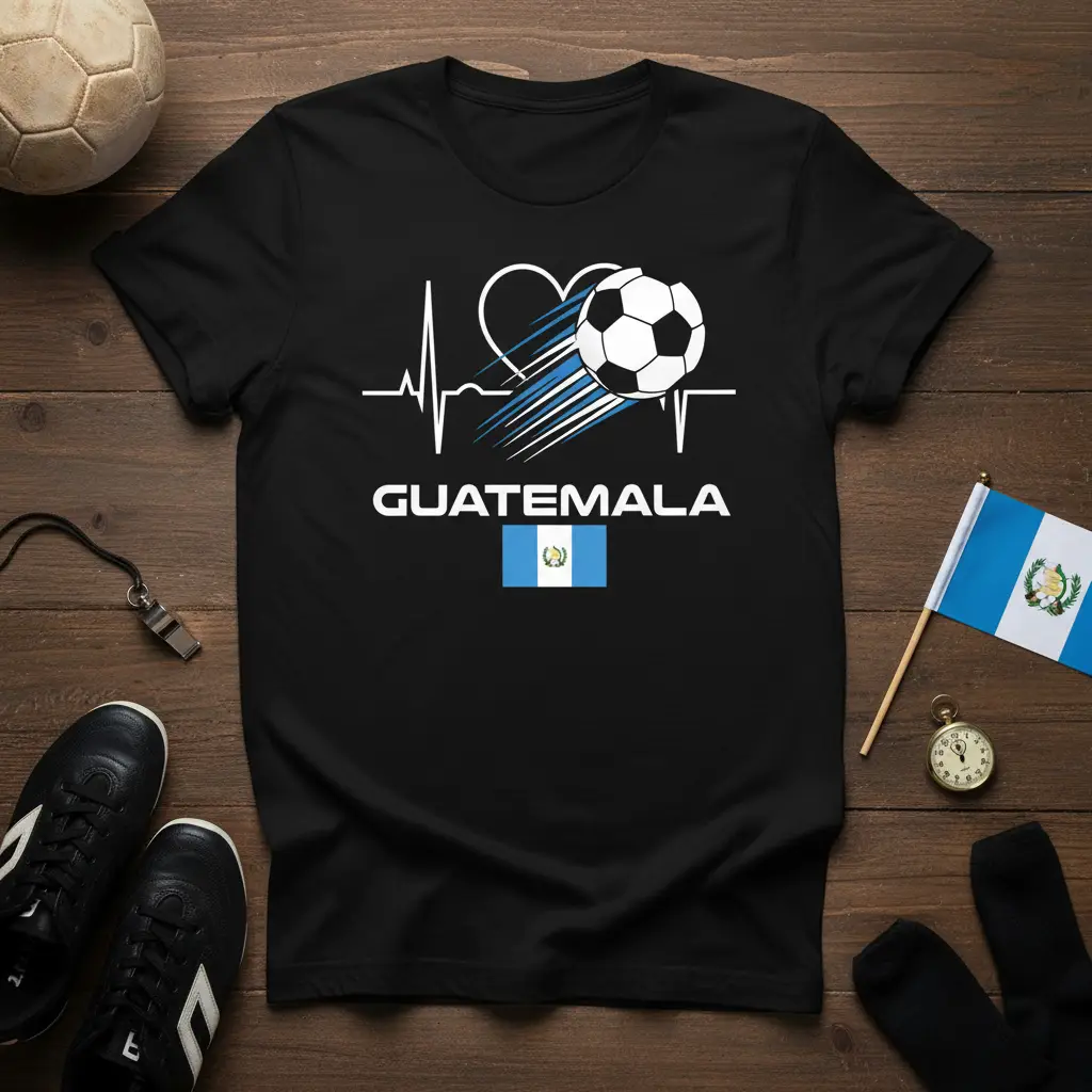 Guatemala soccer heartbeat design with flag and dynamic soccer ball on black t-shirt