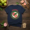 Guavas Tropical Sweetness Hand Picked t-shirt design featuring pink guavas within a green circle, text above and below