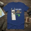 T-shirt with German quote "Guck nich, sonst spuck ich" featuring a cartoon llama spitting green slime