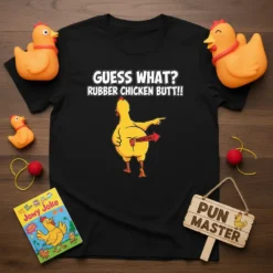 Funny Guess What Rubber Chicken Butt T-Shirt with a cartoon chicken pointing and text "BUDBACOOL!"