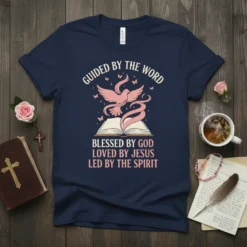 T-shirt with "GUIDED BY THE WORD BLESSED BY GOD LOVED BY JESUS LED BY THE SPIRIT" text, pink dove, open