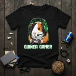 Guinea pig wearing headphones and holding a game controller, text reads "Guinea Gamer" on a black t-shirt