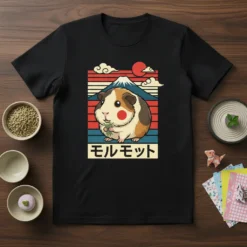 モルモット Japanese Kawaii T-Shirt featuring a cute guinea pig eating grass with Mount Fuji in the background