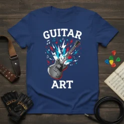 Guitar Art t-shirt design with an electric guitar bursting with energy and musical notes