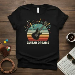 Guitar Dreams t-shirt design with an electric guitar, musical notes, and a retro sunset background