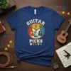 Retro t-shirt design with "Guitar Picks" text and illustrations of acoustic and electric guitars and guitar picks