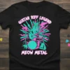 Black t-shirt with "GUITAR RIFF LEGEND MEOW METAL" design featuring a teal cat playing guitar and drums