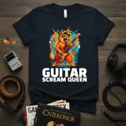 Guitar Scream Queen text with a cartoon cat playing an electric guitar, surrounded by flames and lightning
