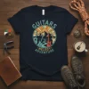 Guitars Melody Adventure text with guitars and mountain landscape graphic on a navy t-shirt