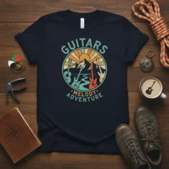 Guitars Melody Adventure text with guitars and mountain landscape graphic on a navy t-shirt