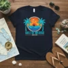 Gulf of Mexico Since 1550 vintage t-shirt design with palm trees, sailboat, and sunset