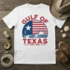 Gulf of Texas Est. 1836 t-shirt design featuring American flag circle, oil rig, and waves
