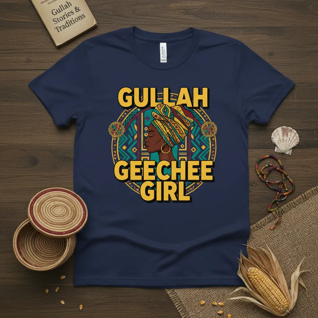 Gullah Geechee Girl t-shirt design featuring bold text and cultural artwork celebrating African American heritage