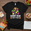 Gummy Bear Party Pack t-shirt design with colorful gummy bears, cherries, lemons, strawberries, and blueberries