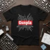 Black t-shirt with white "Gunpla" text in a red box, surrounded by line art of robot model parts