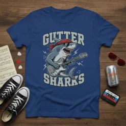 Gutter Sharks T-Shirt design with a cartoon shark playing an electric guitar and wearing sunglasses and a bandana
